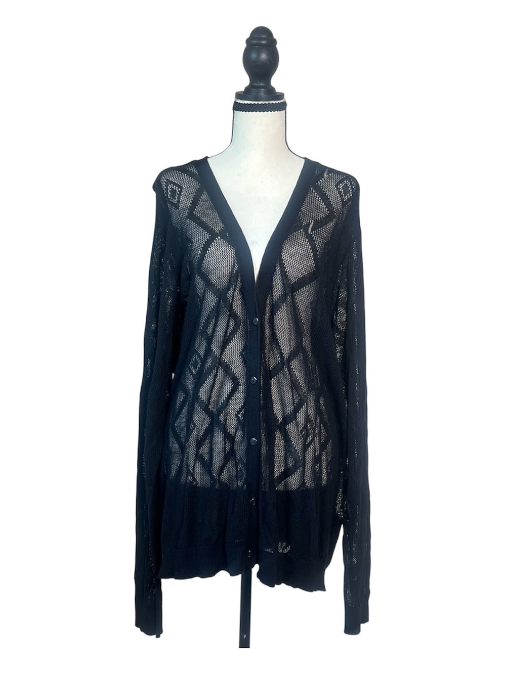 torrid Sheer Black Open-Knit V-Neck Button Pointelle Cardigan Sz 4 Fall Chic